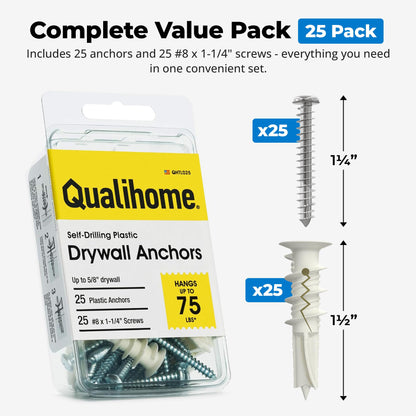 #8 Self Drilling Drywall Plastic Anchors with Screws - No Pre Drill Hole Preparation Required - 75 Lbs