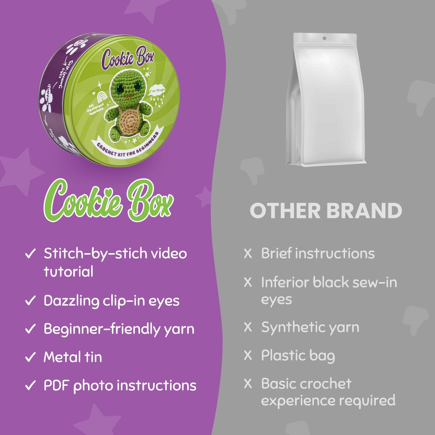 Cookie Box Crochet Kit for Beginners - Learn to Craft Amigurumi Stuffed Animals - Knitting Gift for Kids and Adults - Beginner-Friendly Yarn - Stitch-by-Stitch Video Tutorial - Turtle Hugo