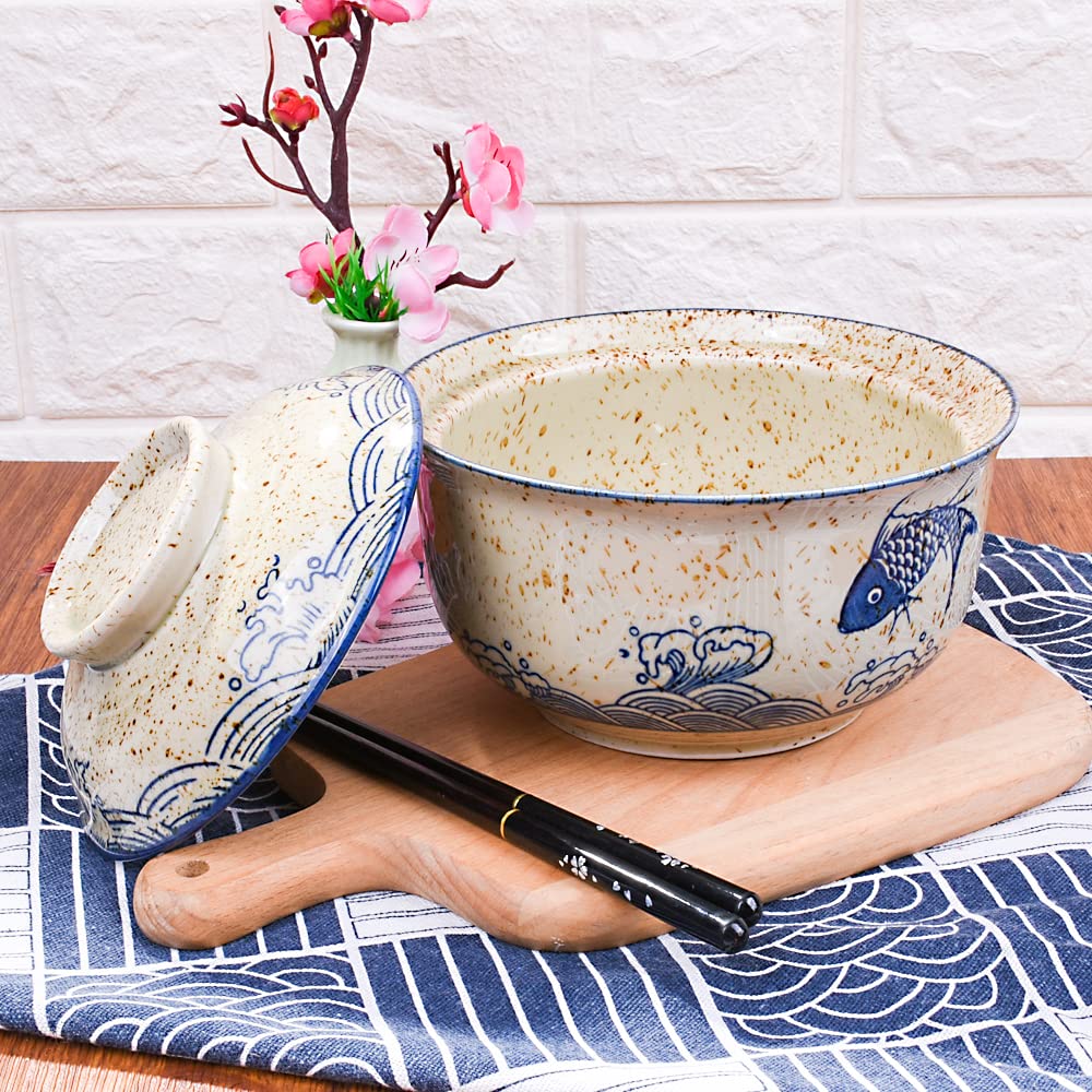 Whitenesser Ramen Bowl with Lid, Japanese Style 25.4 OZ Big Ceramic Bowls with Lid and for Soup Rice Noodle and Porridge, Microwave Oven Safety