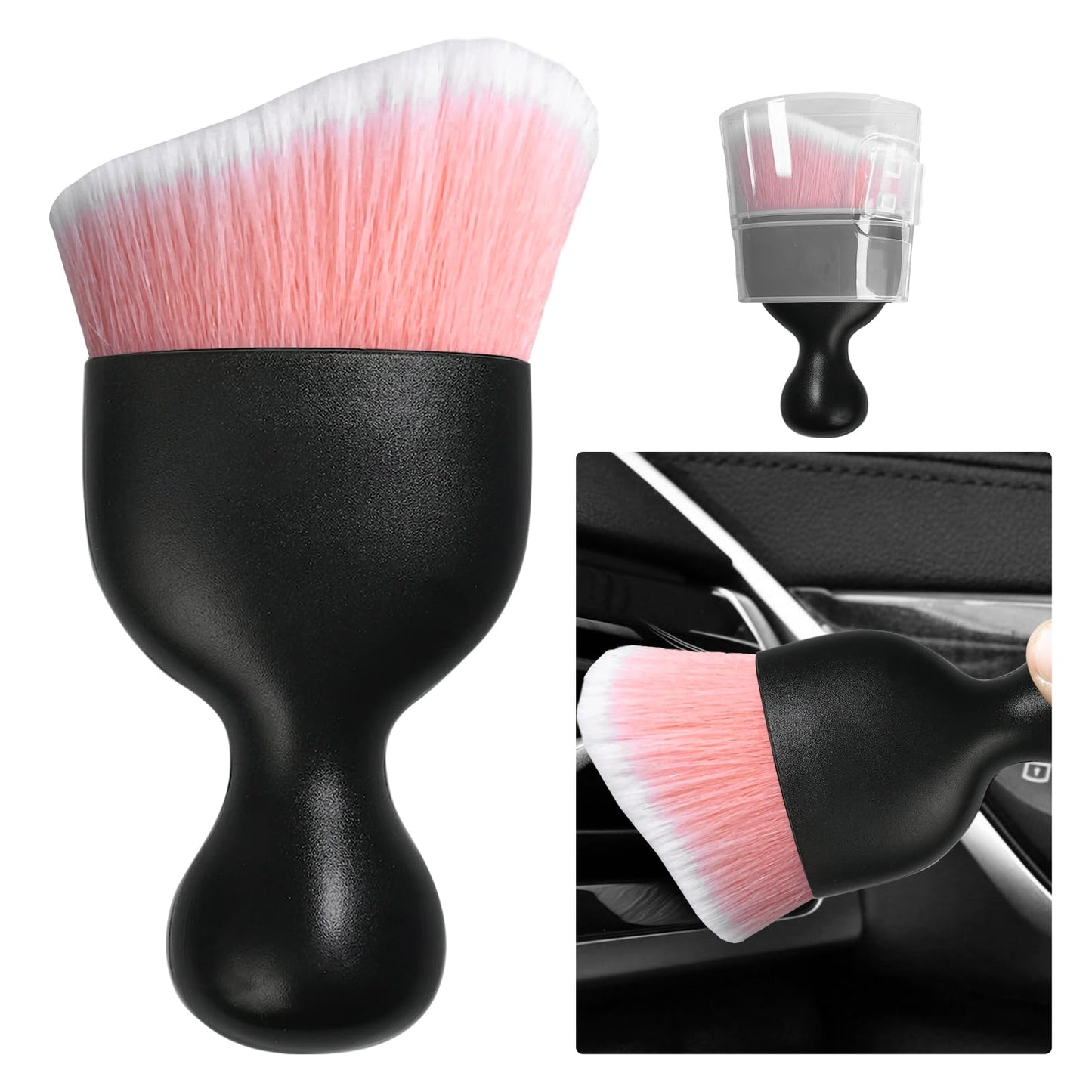 Ziciner Car Detailing Brush, Curved Soft Bristles Auto Removal Dust Collectors, Universal Vehicle Dashboard, Air Conditioner Vents etc Interior Cleaning Tool Accessory (Pink/White)