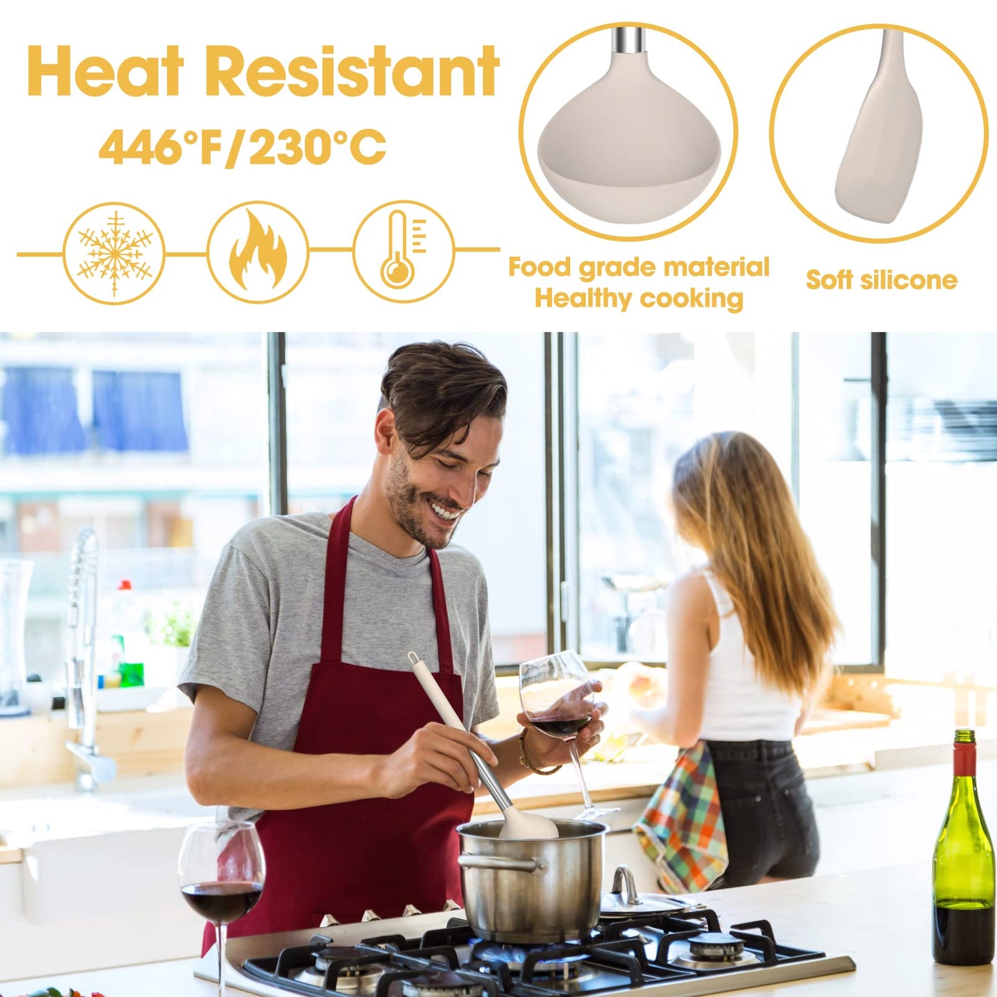 Silicone Cooking Utensil Set, Fungun Non-stick Kitchen Utensil 24 Pcs Cooking Utensils Set, Heat Resistant Cookware, Silicone Kitchen Tools Gift with Stainless Steel Handle (Khaki-24pcs) …