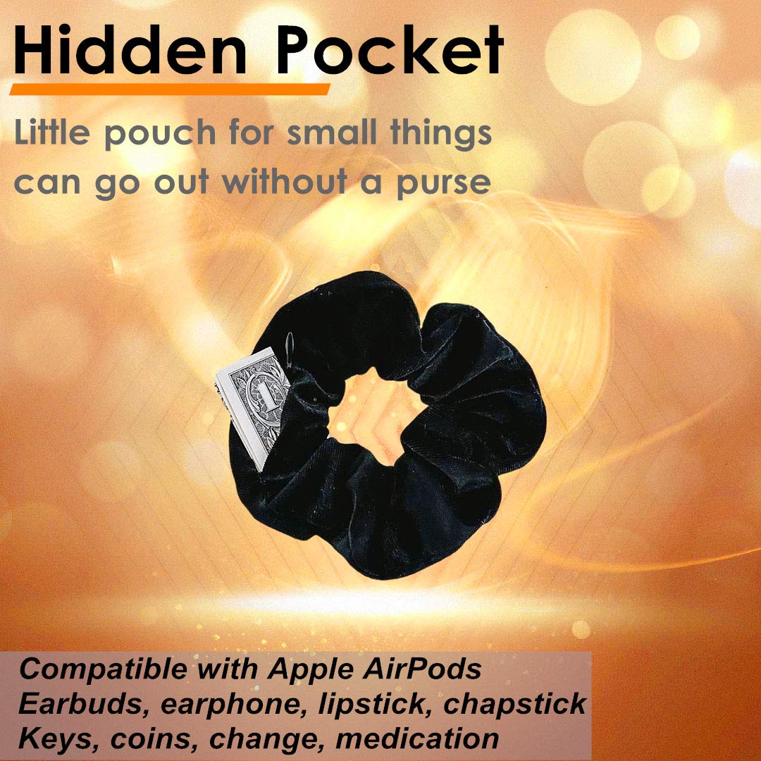 Zipper Scrunchies, Pocket Scrunchie, SECRET & HIDDEN, Velvet Hair Ties Bracelet, Compatible with Apple AirPods 3&2&1, Key Money Chapstick Storage Bag, Elastics Hair Band (Black 3PCS)