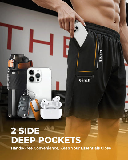 2 Pack Mens Gym Basketball Shorts - Athletic Black Workout Quick Dry Shorts with Pockets for Casual Running