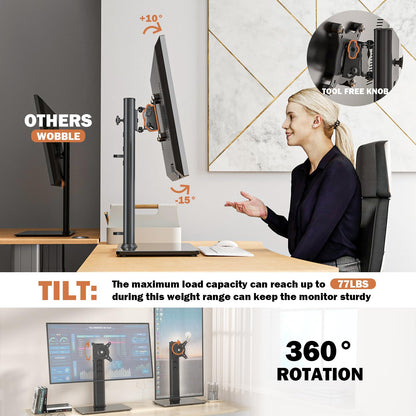 Single LCD Computer Monitor Free-Standing Desk Stand Mount Riser for 13 inch to 32 inch screen with Swivel, Height Adjustable, Rotation, Vesa Base Stand Holds One (1) Screen up to 77Lbs(HT05B-001))