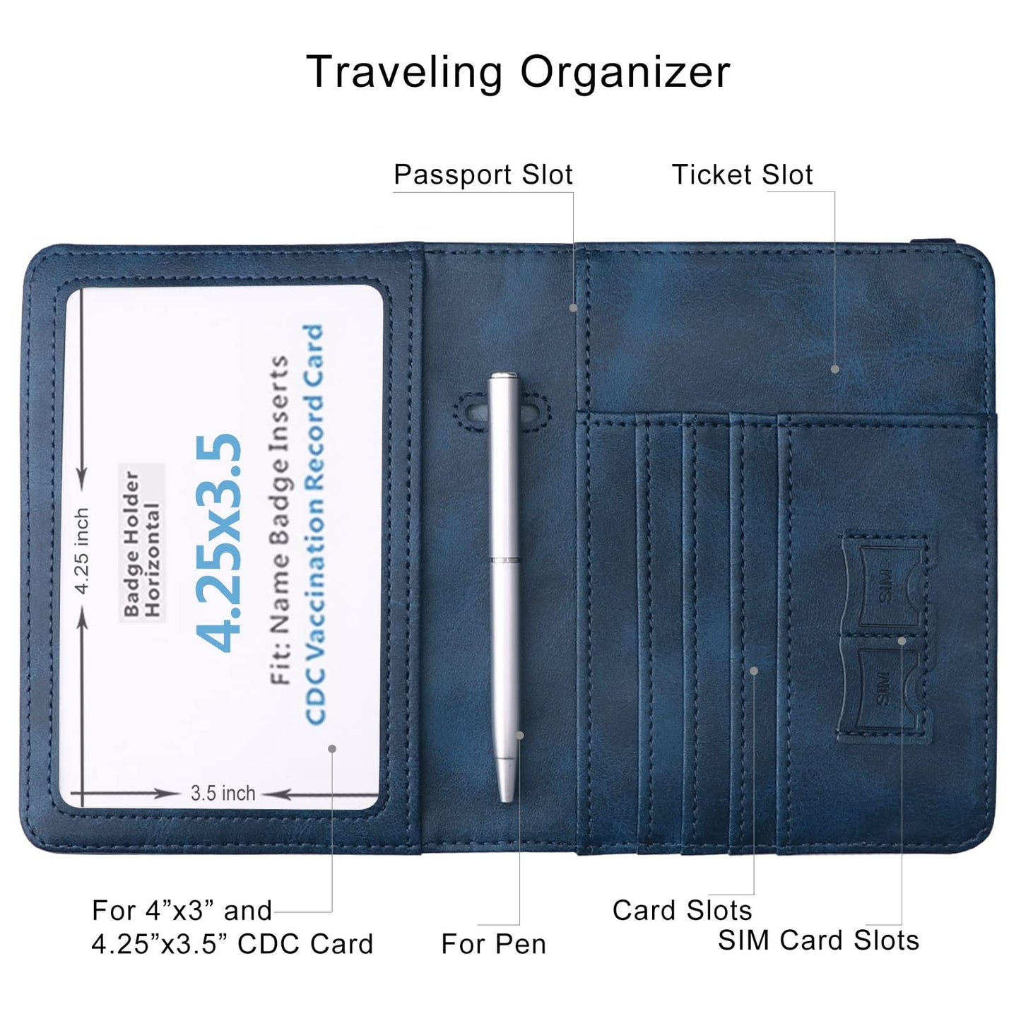 WALNEW Passport Holder Wallet, RFID Blocking Passport Cover Case PU leather Card Holder with Pen and Clear Card Slot for Women Men, Navy Blue