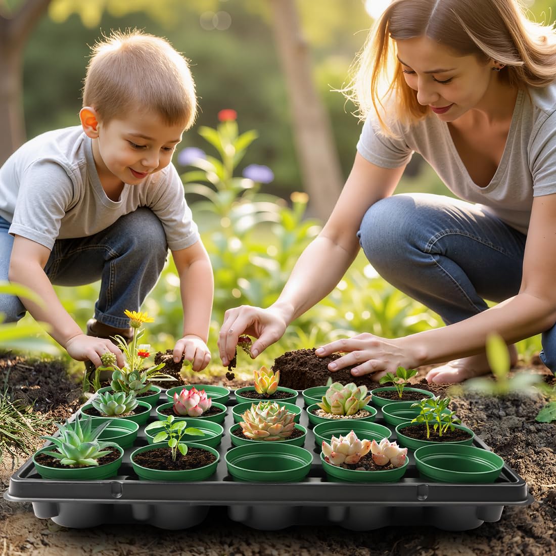 RooTrimmer 3 Inch Nursery Pots 100 Pcs with 5 Pcs 20 Cell Nursery Pot Trays, 5 Sets Seed Starting Kit for Seedlings, Propagation and Home Gardening, Sturdy Green Seeds Starter Pot Tray Germination Set