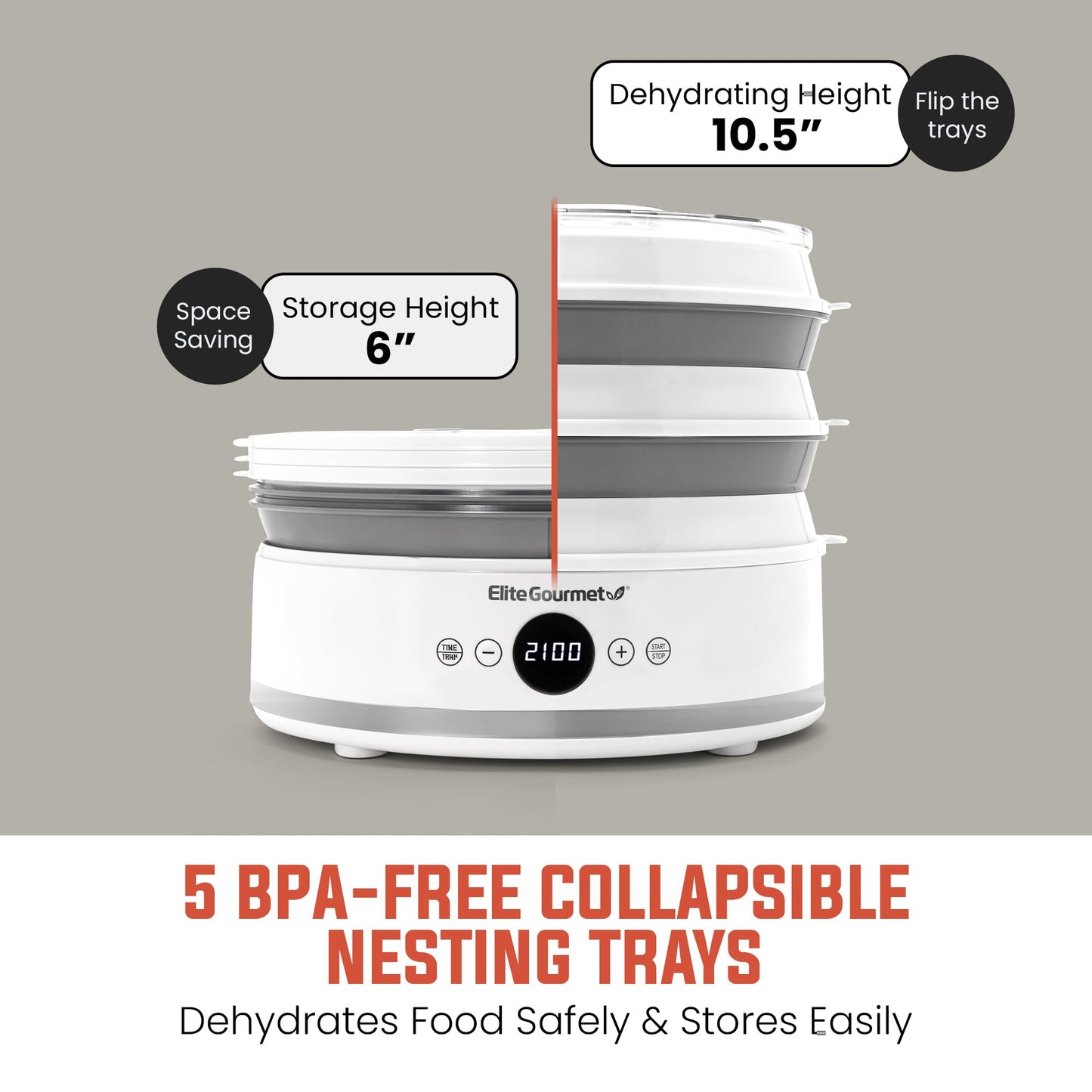 Elite Gourmet EFD329WD Digital Food Dehydrator with 5 BPA Free SlimStore™ Collapsible Trays for Compact Storage, Adjustable Timer and Temperature Controls, Jerky, Herbs, Fruit, Veggies, Snacks, White