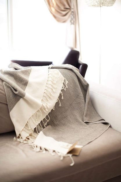 SMYRNA TURKISH COTTON Throw Blanket Vintage Series, 50x60 inch, Outdoor Blankets, Throws and Blankets for Couch, Sofa, Bed, Chair, Beach Picnic, Travel Boho Turkish Blanket Throw, Latte
