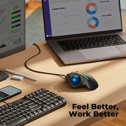 Wired Trackball Mouse with RGB Lighting, Ergonomic Thumb Control to Reduce Muscle Strain, 5 Adjustable DPI Settings, Dual USB-C & USB-A Connectivity, Compatible with PC, Laptop, Mac, Windows-Blue