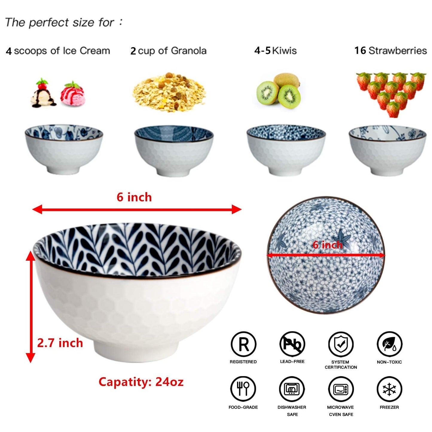 Swuut Japanese Style Ceramic Cereal Bowls,24 Ounces Salad,Soup Ramen Pho Salad Bowl Set of 6,Blue and White Microwave Safe (6 inch)