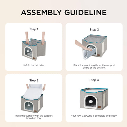 Bedsure Cat Beds for Indoor Cats - Large Cat Cave for Pet Cat House with Fluffy Ball Hanging and Scratch Pad, Foldable Cat Hideaway, 16.5x16.5x13 inches, Grey