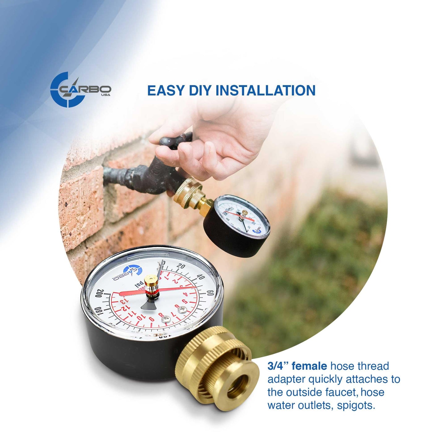 CARBO Instruments 2-1/2" Water Pressure Test Gauge, 0-200 PSI, Red Max Pointer, 3/4" Female Hose Thread, Rust-Free Corrosion-Resistant Case, Brass Connector, for Home, Garden, RV, Indoor/Outdoor