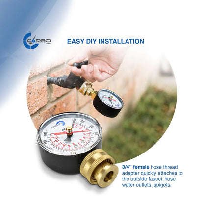 CARBO Instruments 2-1/2" Water Pressure Test Gauge, 0-200 PSI, Red Max Pointer, 3/4" Female Hose Thread, Rust-Free Corrosion-Resistant Case, Brass Connector, for Home, Garden, RV, Indoor/Outdoor