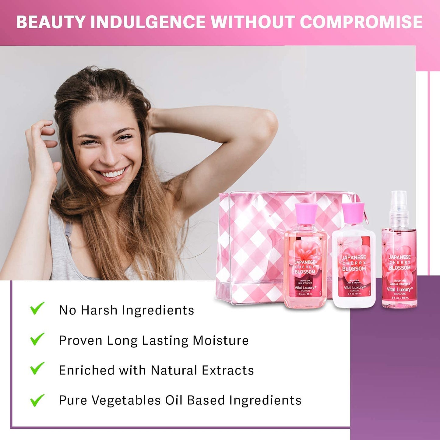 Vital Luxury Bath & Body Care Travel Set - Home Spa Set with Body Lotion, Shower Gel and Fragrance Mist, Personal Body Care Travel Set for Birthday Christmas New Year Gifts(Japanese Cherry Blossom)