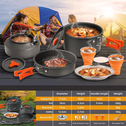 Camping Cooking Set Camping Cookware Outdoor Aluminum Mess Kit with Frying Pan, Pot with Lid, 1.2L Kettle Set and 2 Stainless Steel Plate, 2 Folding Cups and 2 Set Knives Spoons for Backpacking Picnic