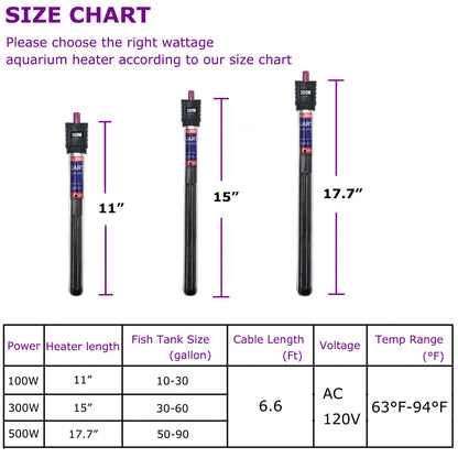 ZHGSERVU 100W/300W/500W Aquarium Heater Submersible 10-90 Gallon 300 Watt Fish Tank Heater with Durable Quartz Glass Protective Sleeve Auto Thermostat for Fresh Water and Salt Water