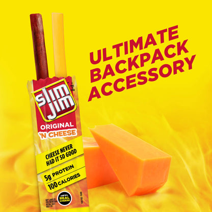 Slim Jim Beef 'N Cheese Smoked Meat Sticks, Original Flavor, 5g Protein Per Serving, Snack Size, Lunchbox Snack, 0.9 oz. (10 Count)