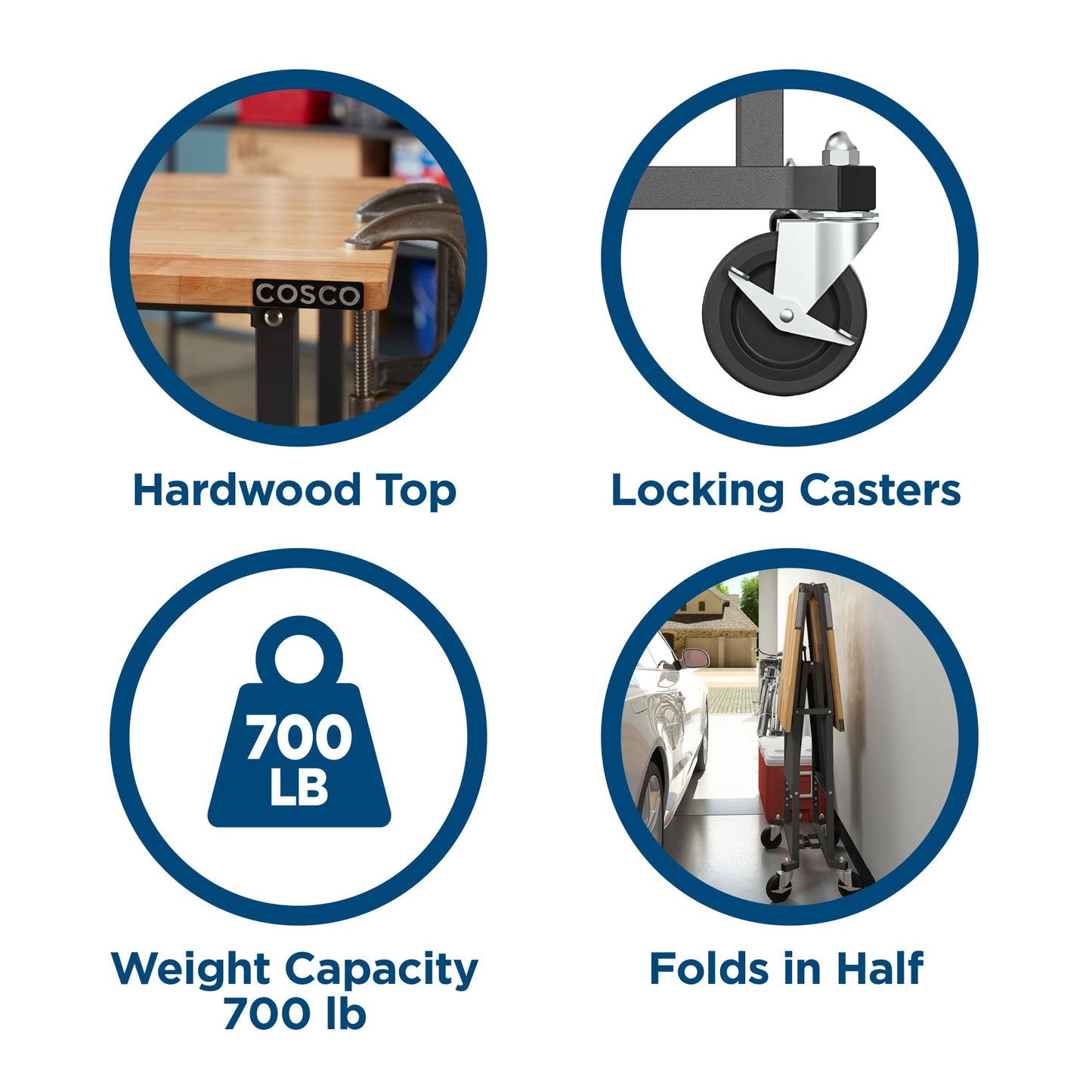 COSCO SmartFold Butcher Block Portable Workbench / Folding Utility Table (Hardwood Top, 700LB Total Weight Capacity, Locking Casters, Gray Steel Frame, 1 Pack)