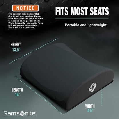 SAMSONITE Lumbar Support Pillow For Office Chair and Car Seat, Perfectly Balanced Memory Foam , Versatile Use Lower Back Cushion