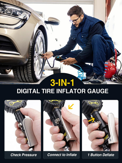 AZUNO Digital Tire Inflator with Pressure Gauge, 200 PSI, Heavy Duty Air Compressor Accessories, w/Rubber Hose Lock on Air Chuck and Quick Connect Coupler