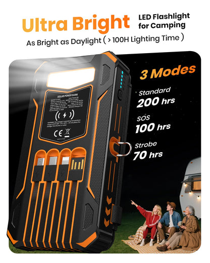 SOARAISE-Solar-Charger-Power-Bank - 48000mAh Wireless Portable Charger Built-in 4 Cables and 4 Solar Panels, PD QC 3.0 Fast Charging USB C Battery Pack with Flashlight for Camping Travel