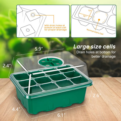 Bonviee 5-Pack Seed Starter Trays, Seed Starter Kit with Adjustable Humidity Dome and Base Indoor Greenhouse Mini Propagator for Seeds Growing Starting (12 Cells Per Tray, Green)