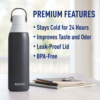 Brita Stainless Steel Premium Filtering Water Bottle, BPA-Free, Reusable, Insulated, Replaces 300 Plastic Water Bottles, Filter Lasts 2 Months or 40 Gallons, Includes 1 Filter, Carbon - 20 oz