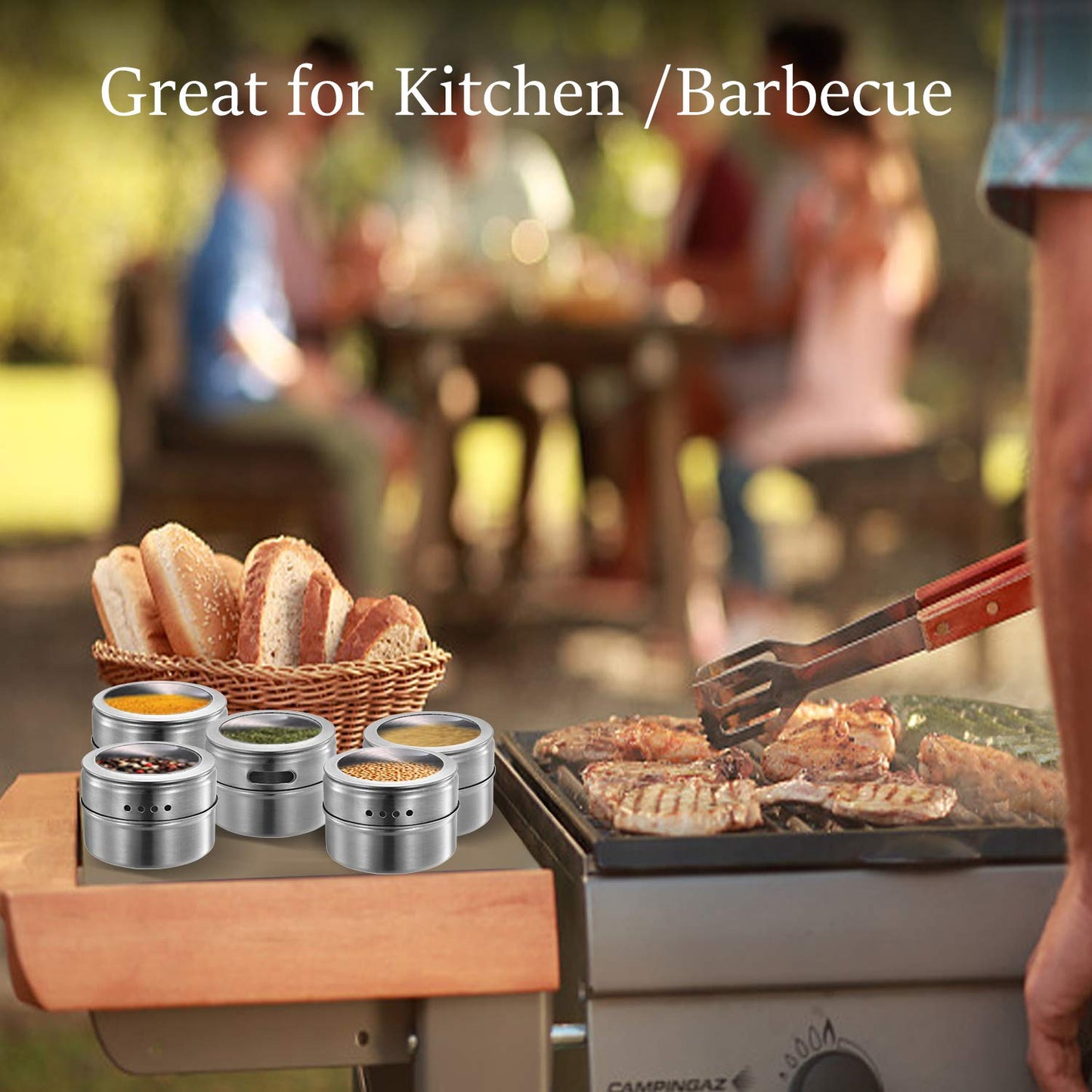 Upgrade Magnetic Spice Jars 12pcs with Wall Mounted,Stainless Steel Spice Tins with Lid and Small Holes for Sprinkle Rust Free Easy to Clean Includes 94 Labeling Stickers by Beeyoka