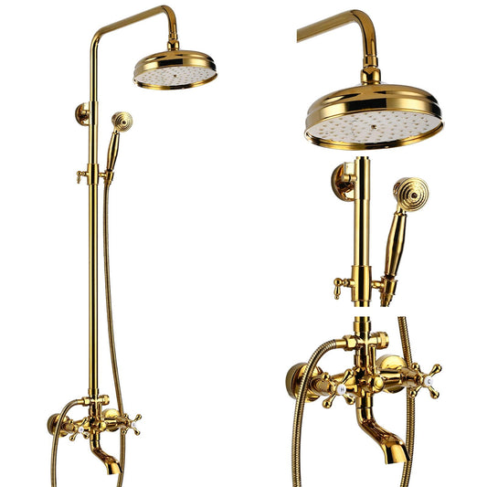 gotonovo Bathroom Shower Faucet Rain Mixer 8 Inch Round Shower Head Double Cross Handle with Tub Spout Wall Mount Bathroom Shower Fixtures 3 Function Metal Handheld Sprayer Polished Gold