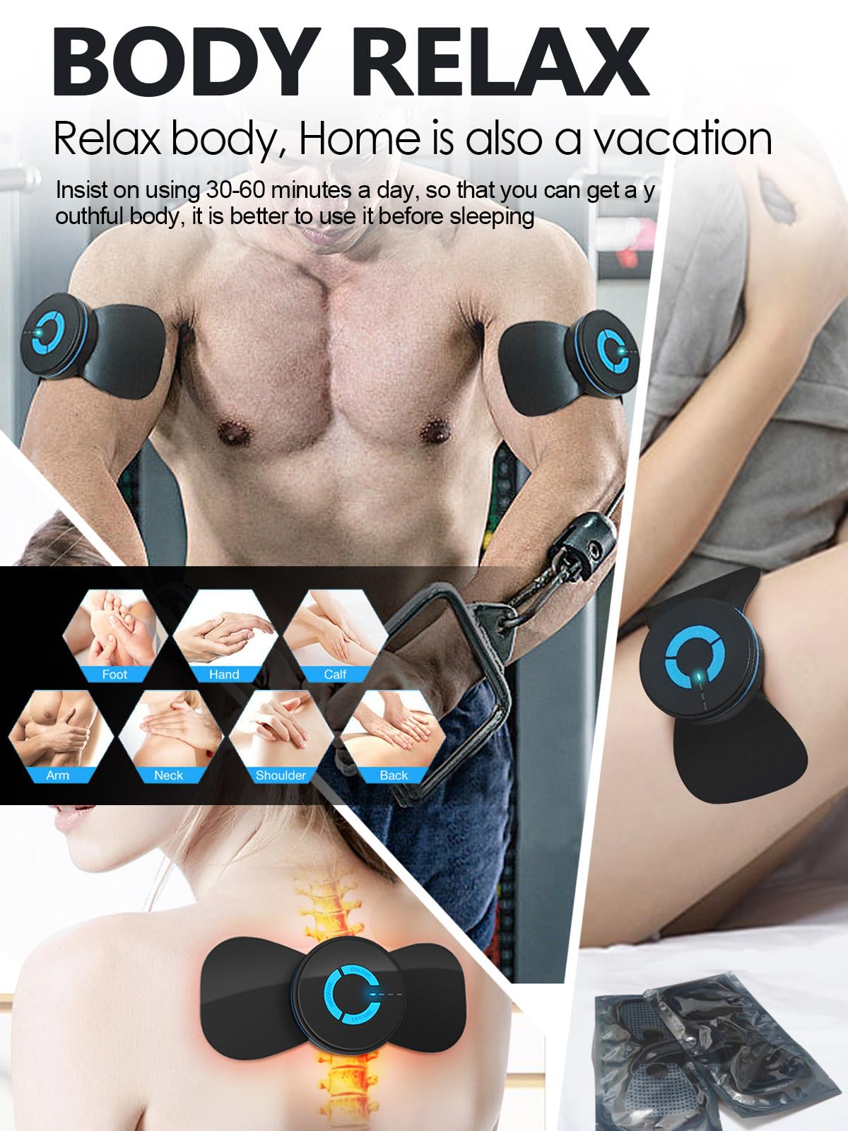 Tens Black Unit with 2 Pads,EMS Microcurrent Mini Massager Machine,Low Frequency Multi Function Physiotherapy Instrument Muscle Stimulator,Full Body Pain Relief Therapy Device