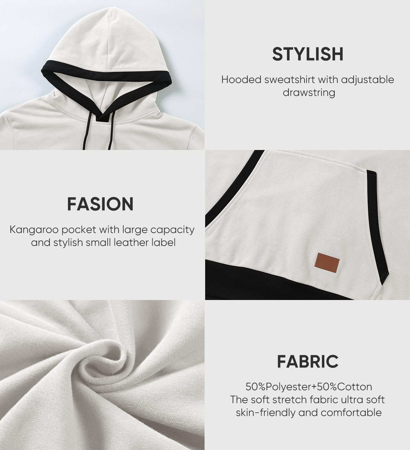 JMIERR Mens Hooded Sweatshirt Cotton Fashion Fleece Long Sleeve Drawstring Fall Shirts with Kangaroo Pocket Athletic Gym Essentials Hoodies, L, White