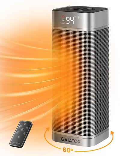 Gaiatop Space Heaters for Indoor Use, Portable Electric Heater with Thermostat, 1500W PTC Ceramic Room Heater with Remote, 5 Modes, 60° Oscillating, 12H Timer Fast Heating Bedroom Office Bathroom Home