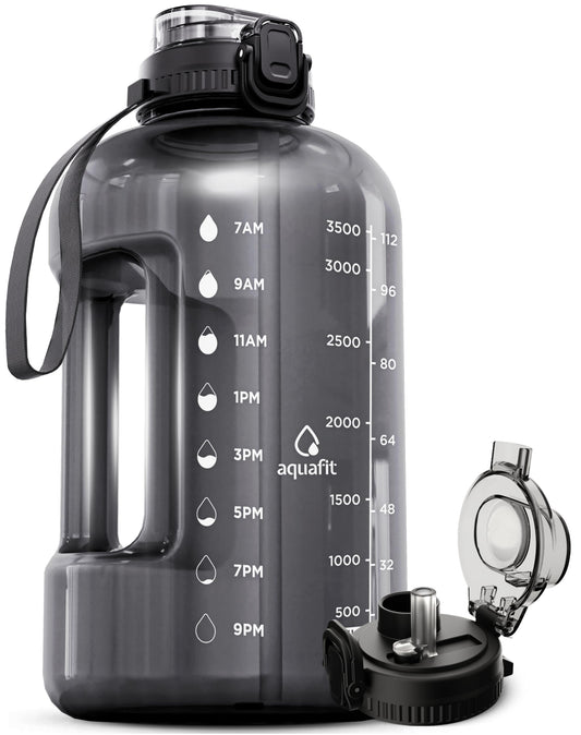 AQUAFIT 1 Gallon Water Bottle with Time Marker - Straw & Chug Lid - BPA Free Gym Water Bottle with Straw - Big Gallon Jug (Gray, 128 oz - 2in1 Lid)