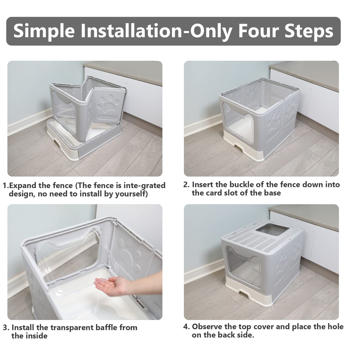 Foldable Cat Litter Box with Lid, Enclosed Potty, Large Top Entry Anti-Splashing Toilet, Easy to Clean Including Litter Scoop and 2-in-1 Cleaning Brush (Grey)