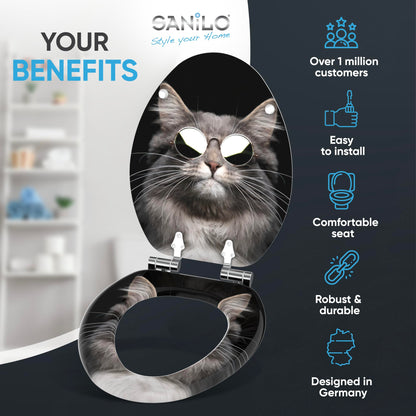 Sanilo Soft Close Toilet Seat ELONGATED, Quiet and Slow Close Lid and Seat, Strong Bumpers and Hinges (Cool Cat)