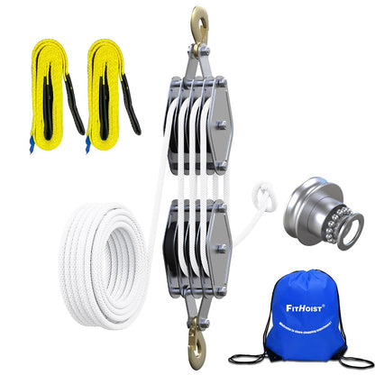 FITHOIST Block and Tackle 4400LBS Breaking Strength Heavy Duty Pulley, 65 Ft Rope Pulley, 7:1 Lifting Power Pulley System, Pulley Hoist with 2 Pcs 8 Ft Lift Sling