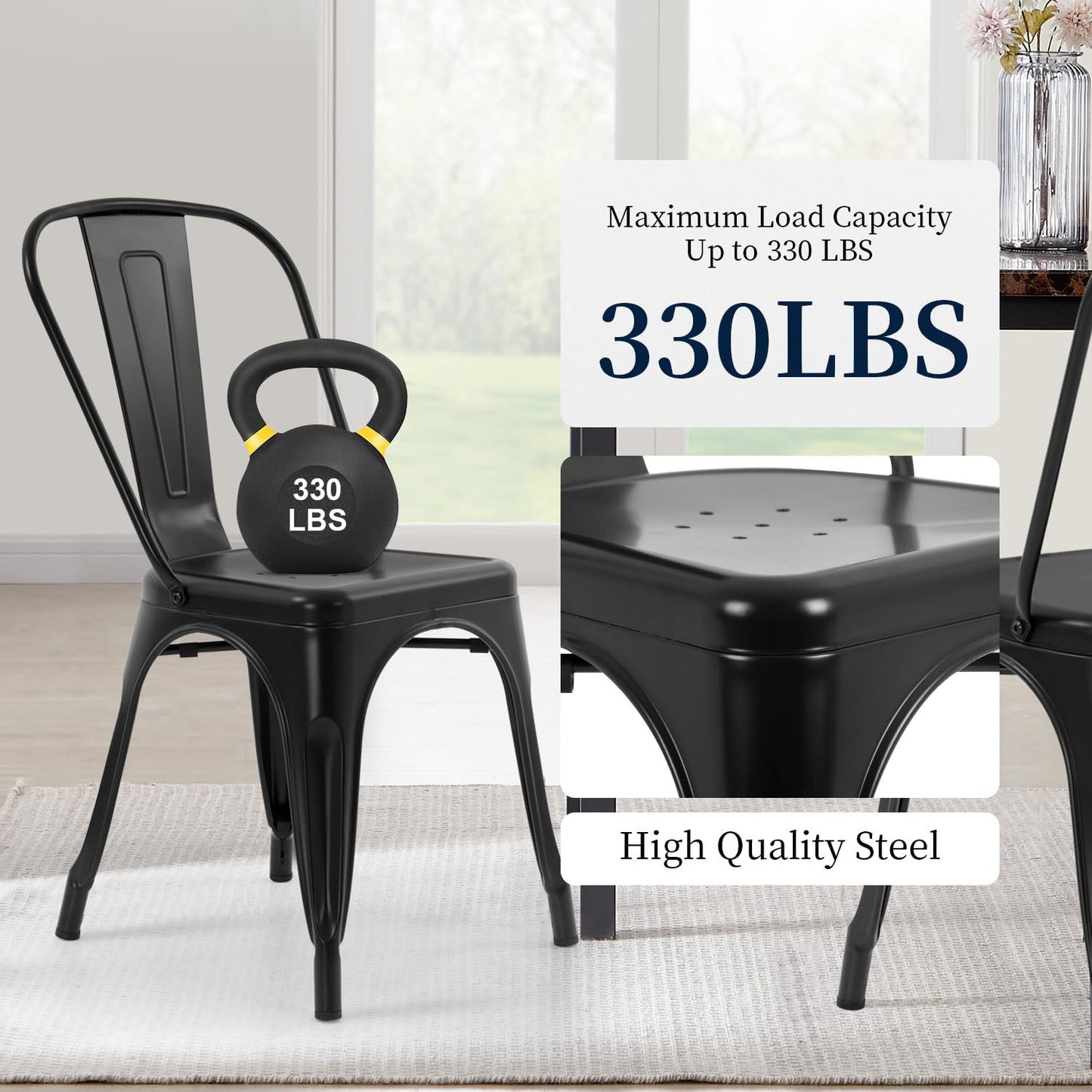 FDW | Metal Dining Chairs | Set of 4 | Black | Stackable Tolix Side Chairs with Backrest | Scratch-Resistant | Non-Slip Feet | Indoor/Outdoor Use | 330 lbs Capacity | for Kitchen & Restaurant
