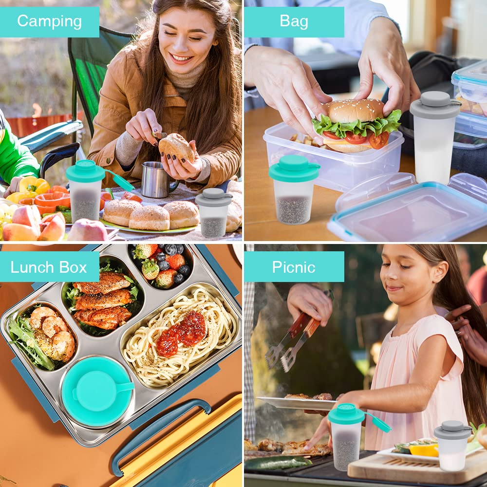 Sophico Small Salt and Pepper Shakers Set with Moisture Proof Sinlicone Lids, 4.5oz Mini Spice Shaker to go for Camping Travel Picnic Lunch Boxes (Mint & Grey, Medium & Large)