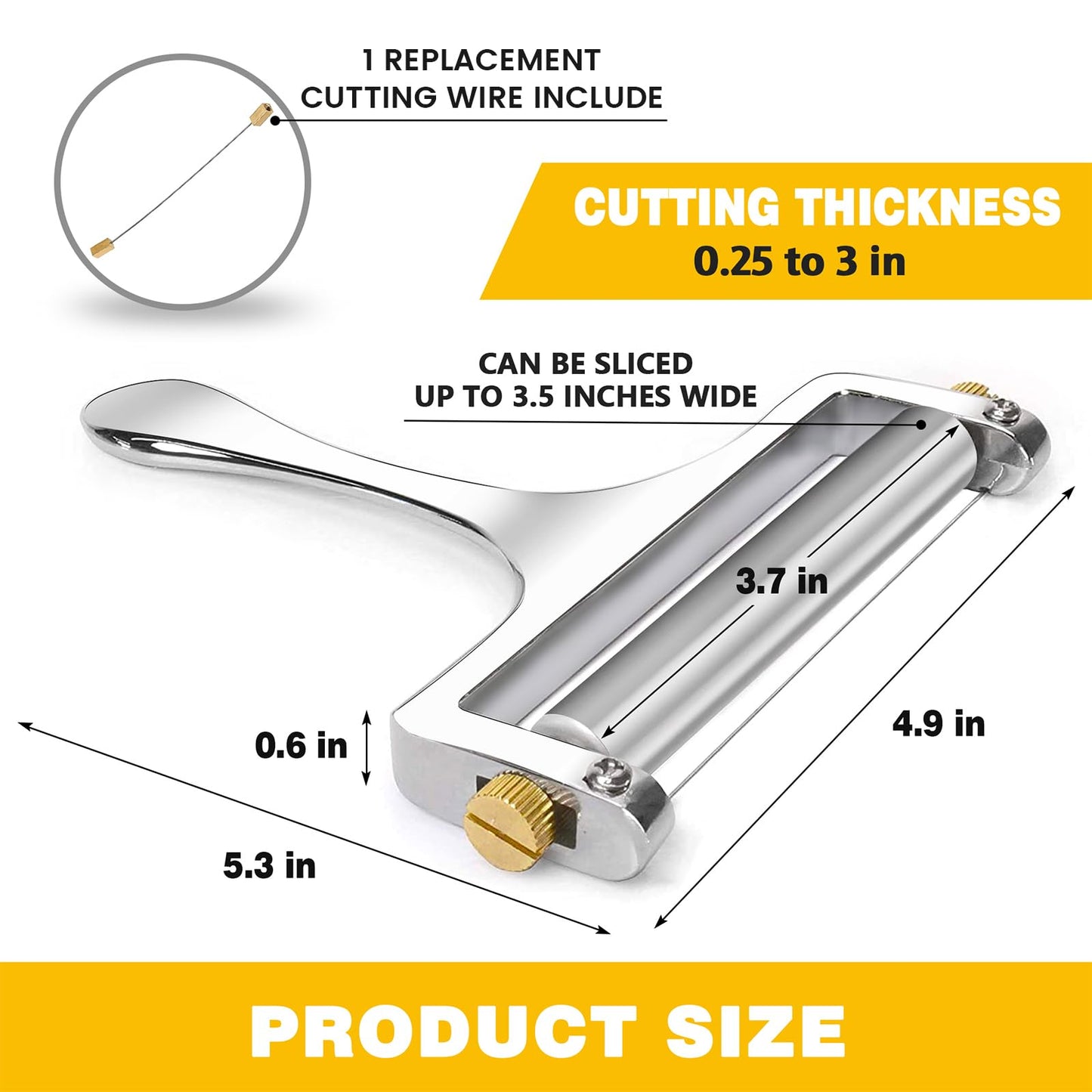TOPULORS Wire Cheese Slicer Stainless Steel Handheld Cheese Cutter for Mozzarella, Cheddar, Gruyere - with 1 Extra Wire - Adjustable Thickness Cheese Shaver Cheese Slicers for Block Cheese (Silver)