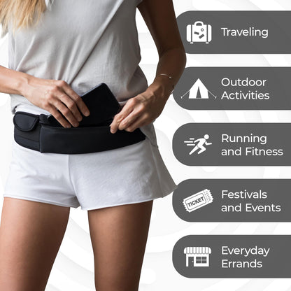 The Belt of Orion Survival Gear Travel Running Belt Waist Fanny Pack Hands Free Way to Carry Sanitizer, Face Mask, Phone, Passport, Keys, ID, Money & Everyday Essentials (Travel 9"x4")