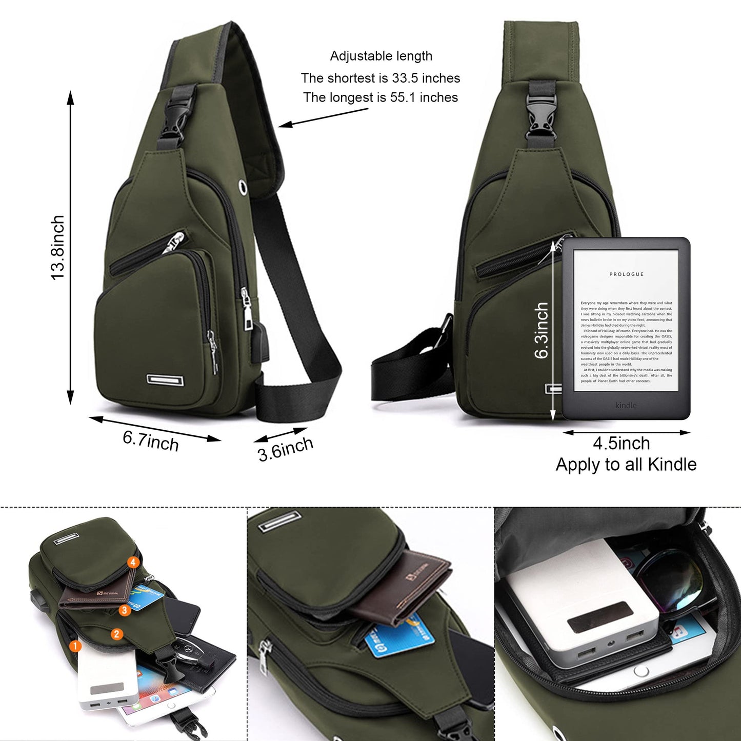 Waterproof Sling Bag Crossbody Backpack for Men Women Sling Backpack Hiking Daypack Multipurpose Cross Body Chest Bag with USB Charger Hole & Headphone Hole for Outdoor Walking Travel(ArmyGreen)