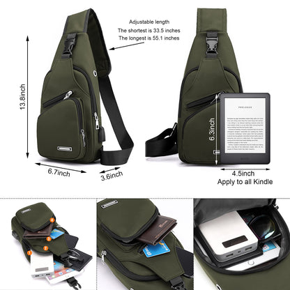 Waterproof Sling Bag Crossbody Backpack for Men Women Sling Backpack Hiking Daypack Multipurpose Cross Body Chest Bag with USB Charger Hole & Headphone Hole for Outdoor Walking Travel(ArmyGreen)