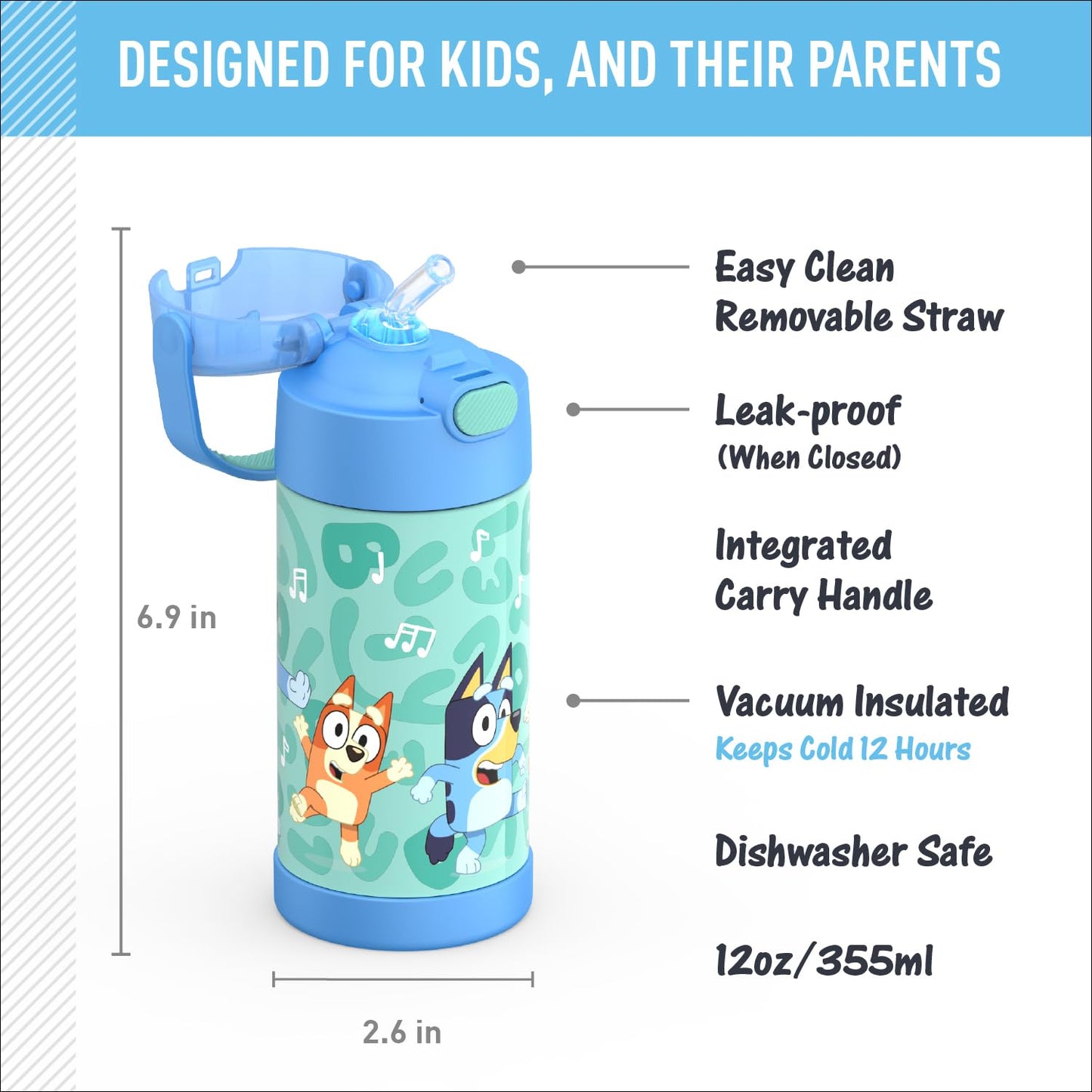 THERMOS FUNTAINER Water Bottle with Straw - 12 Ounce - Kids Stainless Steel Vacuum Insulated Water Bottle with Lid, Bluey