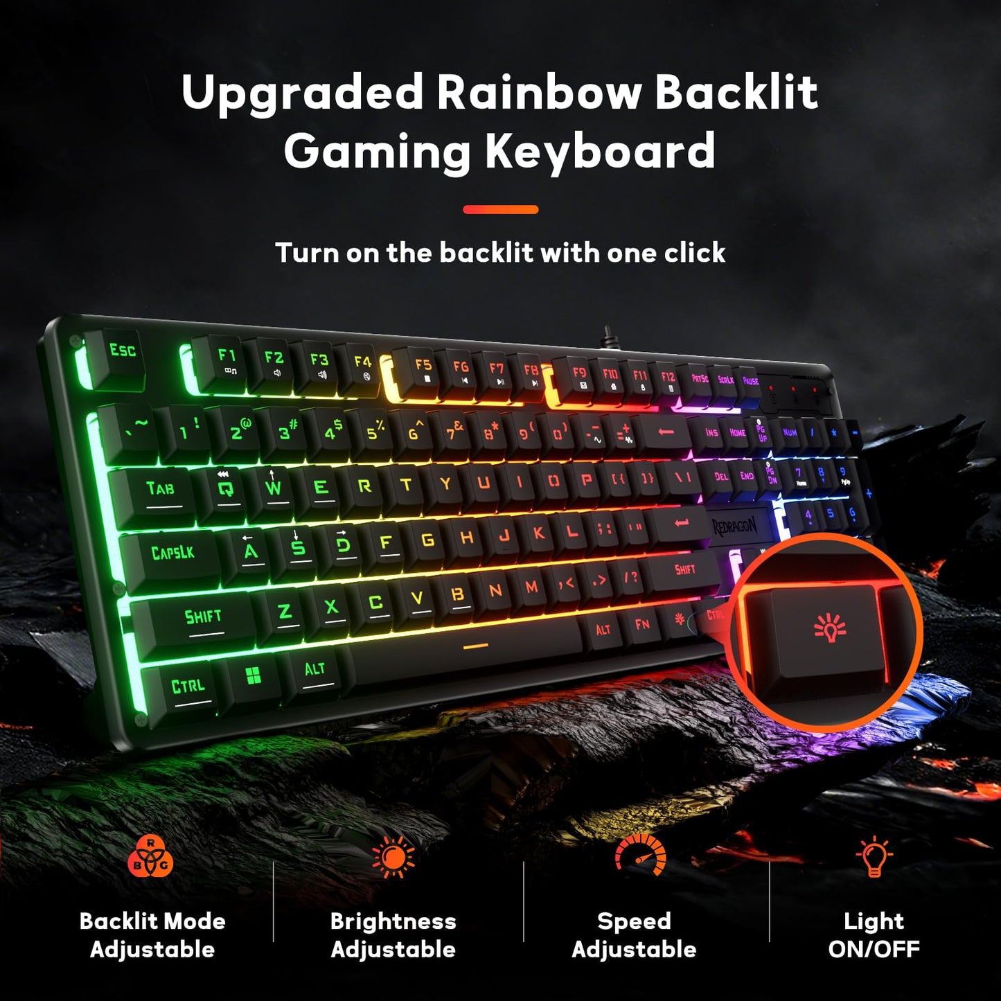 Redragon K521 Upgrade Rainbow LED Gaming Keyboard, 104 Keys Wired Mechanical Feeling Keyboard with Multimedia Keys, One-Touch Backlit, Anti-Ghosting, Compatible with PC, Mac, PS4/5, Xbox