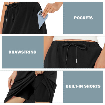 Zando Tennis Skirts for Women with Pockets Athletic Knee Length Golf Casual Skorts Shorts Sports Drawstring Waist Skirt Black X-Large