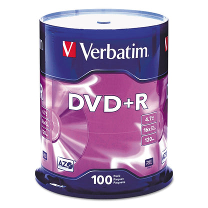 Verbatim DVD+R Blank Discs AZO Dye 4.7GB 16X Recordable Disc - 100 Discs Spindle,Silver