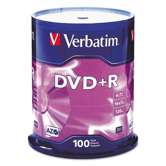 Verbatim DVD+R Blank Discs AZO Dye 4.7GB 16X Recordable Disc - 100 Discs Spindle,Silver