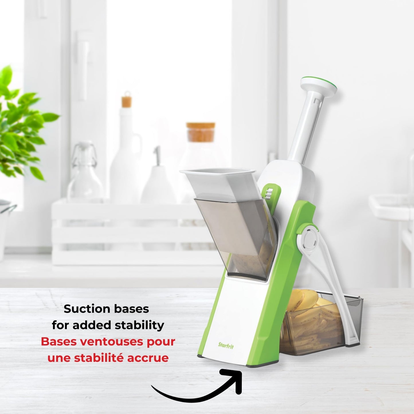 Starfrit Pump'n'Slice - Vertical Mandoline, Food Chopper, Slicer - Precision Adjustable Slicing, Julienne, Dicing - Safe Enclosed Blades, Fold for Storage - High Efficiency Spring Pump - Cleaning Tool