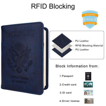 WALNEW Passport Holder Wallet, RFID Blocking Passport Cover Case PU leather Card Holder with Pen and Clear Card Slot for Women Men, Navy Blue
