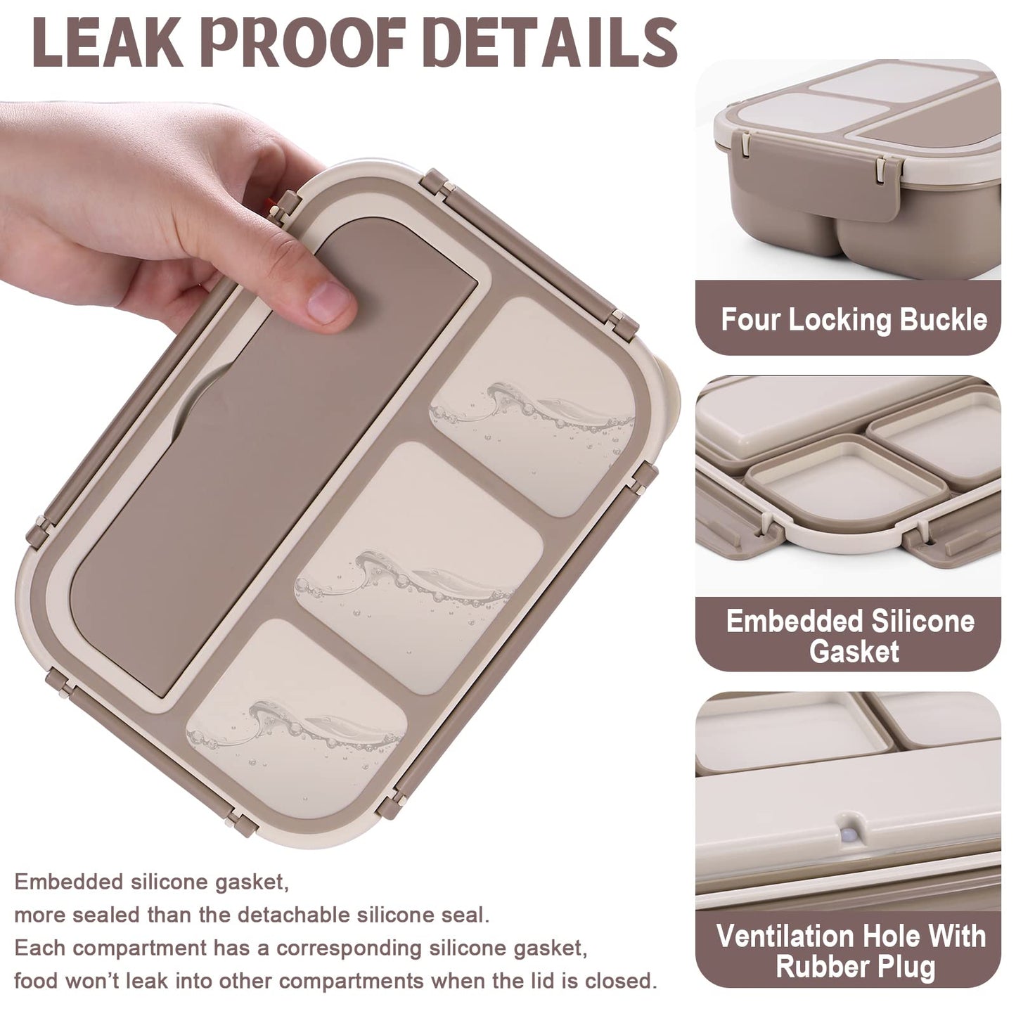 Bento Box Adult Lunch Box, Containers for Adults Men Women with 4 Compartments, Lunchable Food Container with Utensils, Sauce Jar, Muffin Liners, 40 Oz/5 Cup, Microwave & Dishwasher Safe, Brown